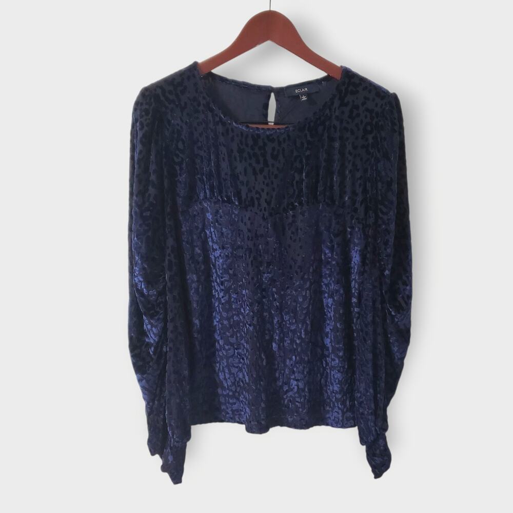 Eclair Womens Sheer Blue Velvet Burnout Blouse Sz Large Animal Print Whimsigoth